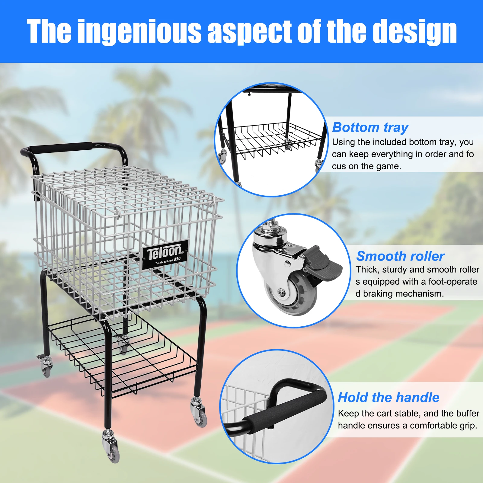 Tennis Teaching Cart with Wheel Wheeled Tennis Ball Hopper Holds 350 Balls Basket Carrier Gatherer Picker Hopper Container