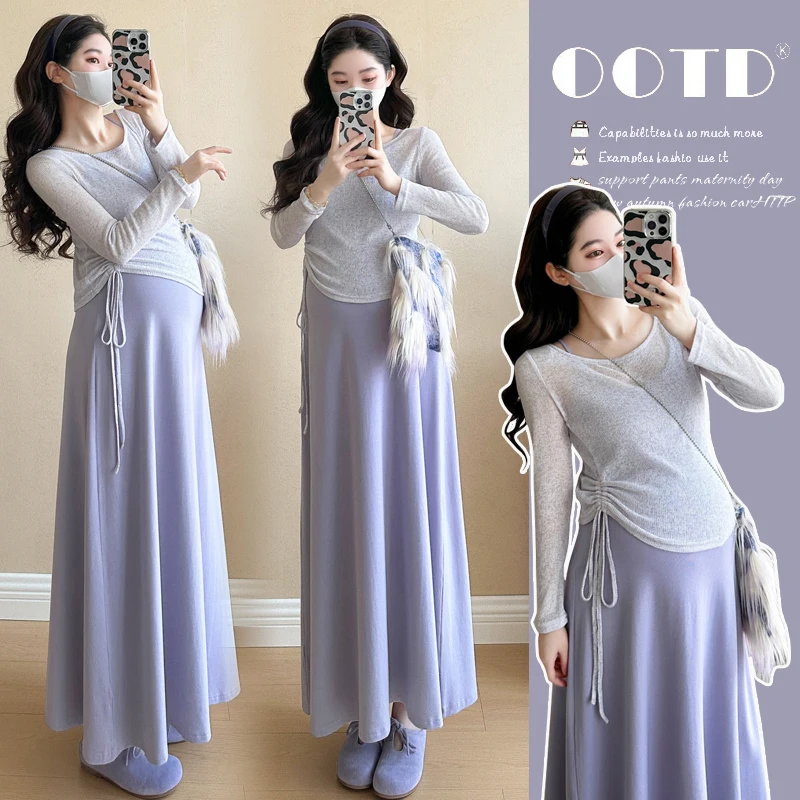 Autumn Maternity Clothes Set Postpartum Woman Breastfeeding Strap Dress Hollowed Out Sweater 2PCS/Set Loose Nursing Dress Suits