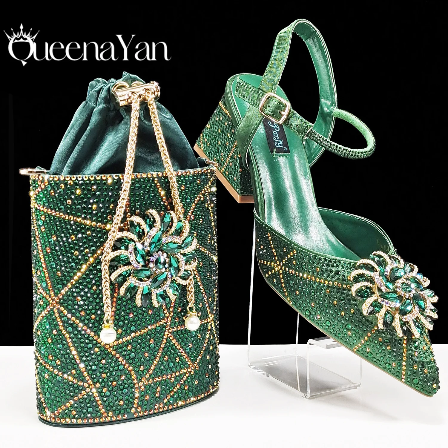 QSGFC Green Color Pointed-Toe High Women Heels Shoes and Bags for Women Rhinestone Evening Party Elegant Luxury Handbag