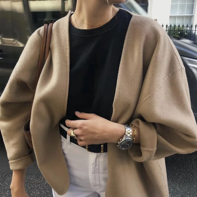 

2023 Autumn and Winter New V-neck Double-sided Short Jacket Ladies Lace-up Waist Wool Blend Silhouette Loose Cardigan