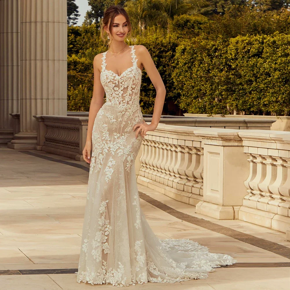 Gorgeous Strapiess Tulle Wedding Dresses for Women Sleeveless Bridal Growns with White Flowers Vestidos De Novia Backless
