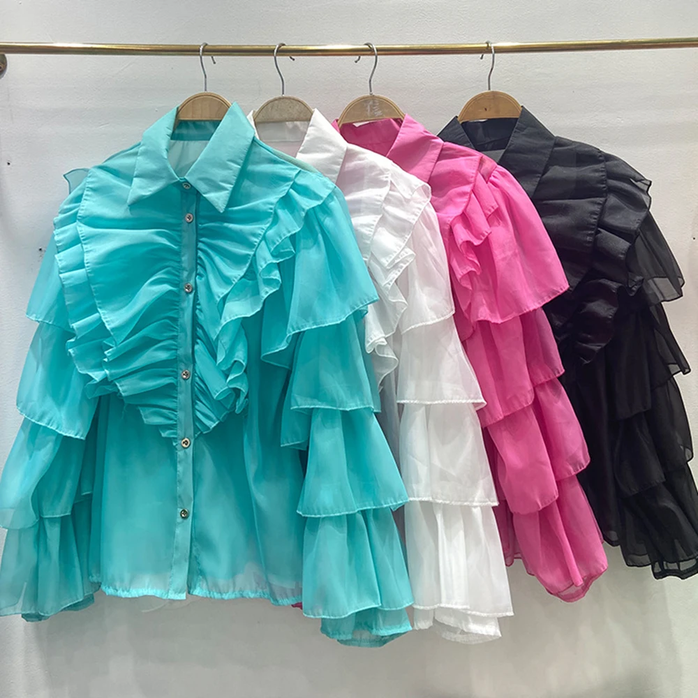 

2023 New Spring Summer Fashion Long Sleeve Soldi Irregular Ruffle Single Breasted Loose Shirt Women's Top Blouses