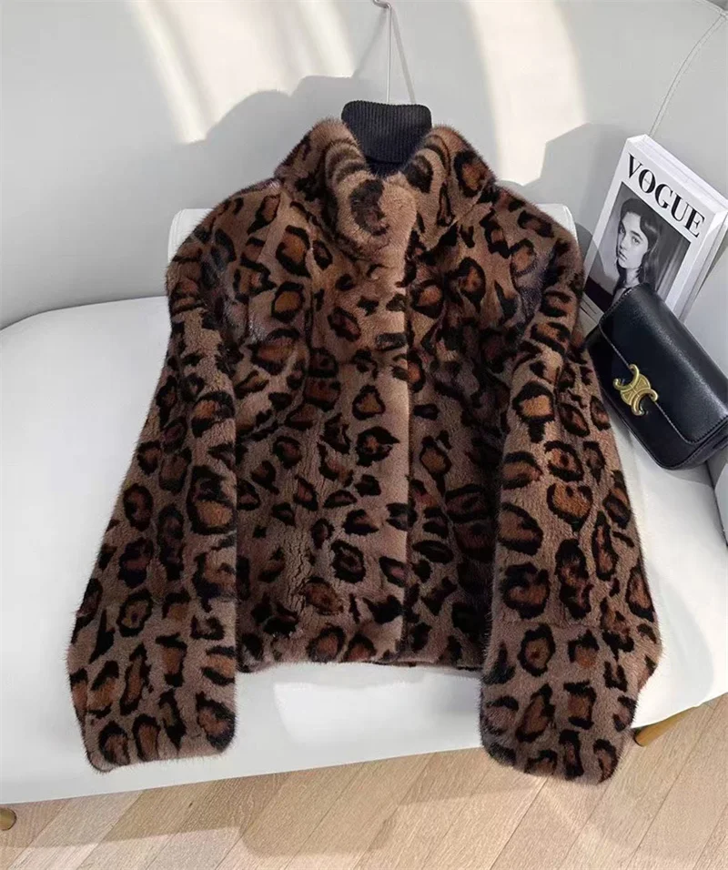 Mink Fur Coat For Women 2025 New Fashion Leopard Print Jacket Short High-Quality Mink Fur High-End Imitation Fur Jacket Zipper