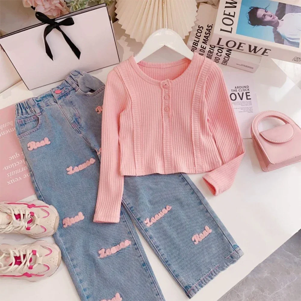 

Bear Leader Girls' Set Autumn New Girls' Knitted Sweet Top+Letter Decal Jeans Two Piece Set Cute Little Girl Kids Fashion Set