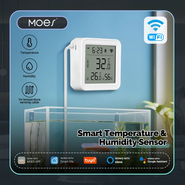 Smart WiFi Temperature Humidity Sensor by MOES, 1M External Cable Probe, Tuya App Control, Compatible with Alexa & Google Home 1