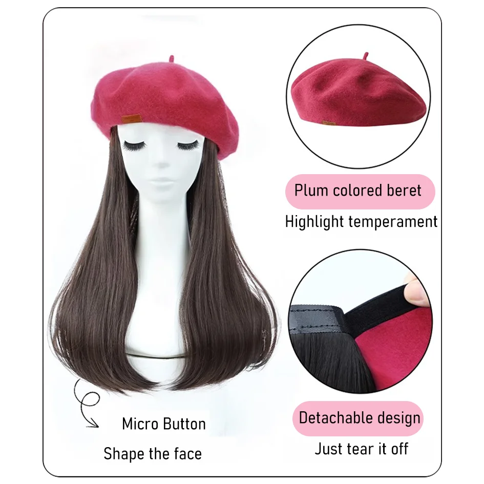 Synthetic 45cm/20 inch pink beret long straight hair with inner button wig, pink wig, pink/black hat, hat extension, Halloween
