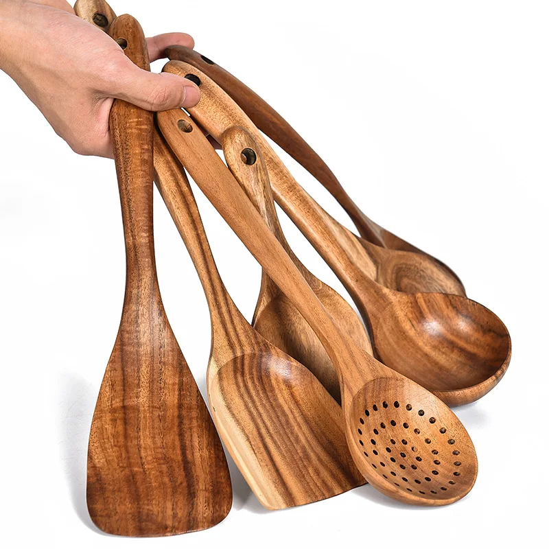 

7Pcs Wooden Spoon for Cooking Long Soup Spoon Ladle Kitchen Spatula Turner Wooden Cooking Tools Teak Wood Kitchen Utensils Set