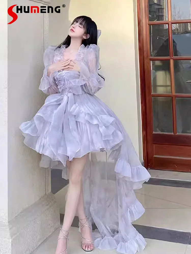 

Japanese Cute Sweet Princess Ball Gown Dress Lavender High Waist Slim-Fit Suspender Dress Long Sleeve Shawl Two-Piece Suit Women