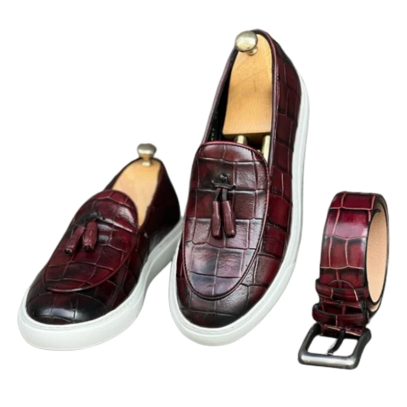 

New Men's Vulcanize Shoes Handmade Fashion Casual Shoes Slip-On Wine Red Stone Grain Shoes for Men with