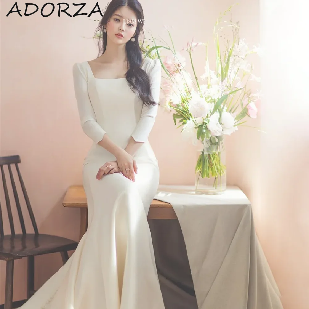 

ADORZA Mermaid Korea Wedding Dress Square Collar Neck Elegant Simple Three Quarter Sleeve Length Bridal Gowns 신부 예복Photo shoot
