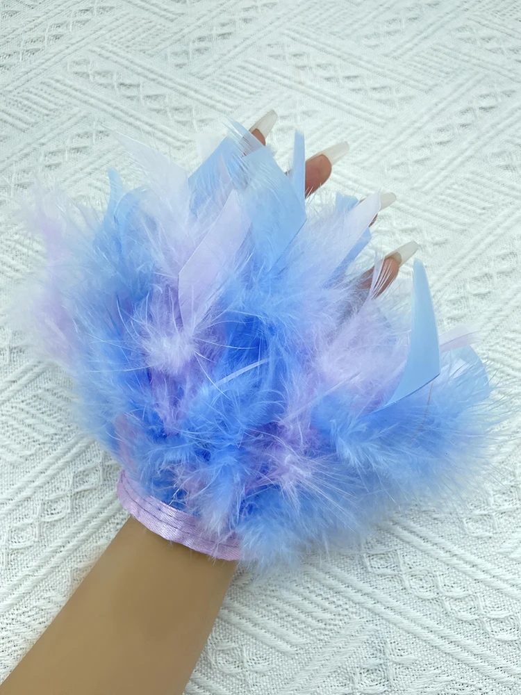 Women Natural Fur Feather Cuffs Sexy Snap On Bracelet Arm Cuff Shirts Sleeves For Women Real Ostrich Feather  Anklet Wrist Cuff 2pcs white snap on real feathers cuff bracelet adjustable ostrich feather wrist cuff for women feather cuffs