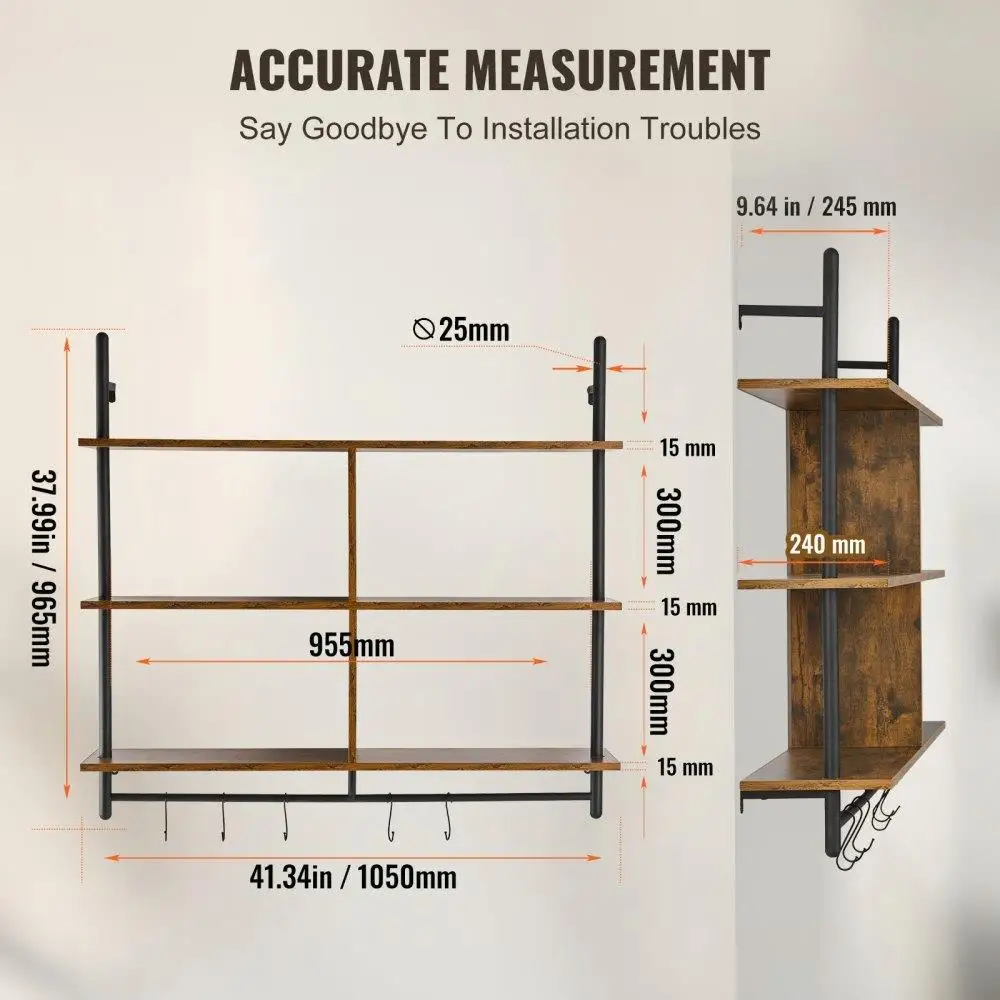 Industrial Pipe Shelf 3 Tier 41.5x9.84in Wall-Mount for kitchen Bedroom 4