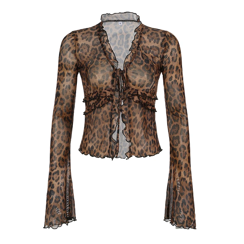 Leopard Print Vintage Brown Long Sleeve Crop Top Shirring Detail V-neck Lace-up T-shirt Party Women Outfits Autumn