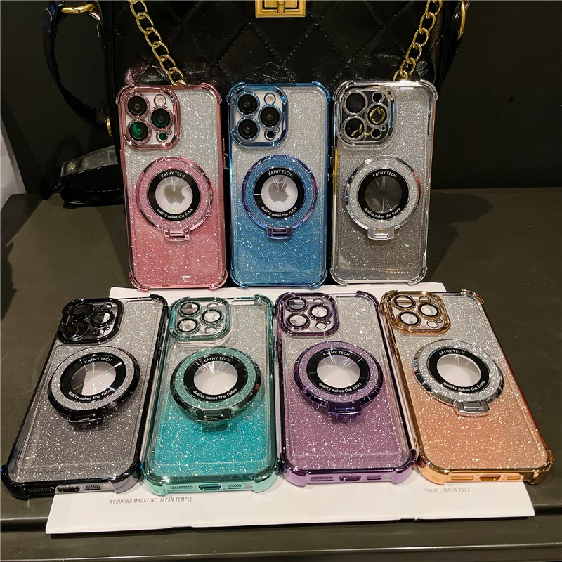 Luxury Magsafe Magnetic Flash Plating Phone Case with Stand and Lens Protection