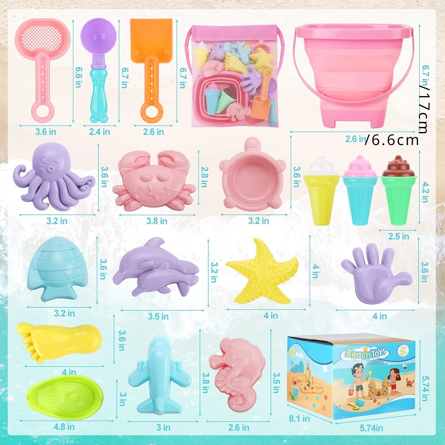 20pcs Beach Toys Set for Kids Toddlers Girls Collapsible Sand Bucket Shovels Set Mesh Bag Sand Molds Ice Cream Travel Sand Toys 2