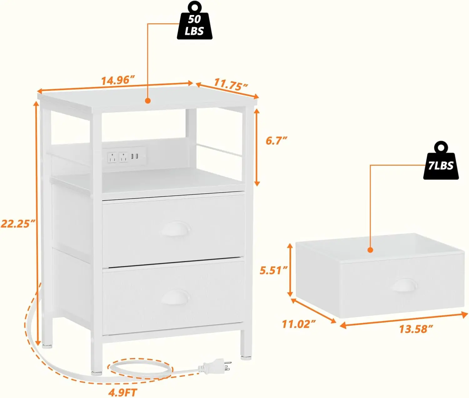 Nightstands Set of 2, End Tables with Charging Station and USB Ports, Side Tables with 2 Fabric Drawers, Night Stands