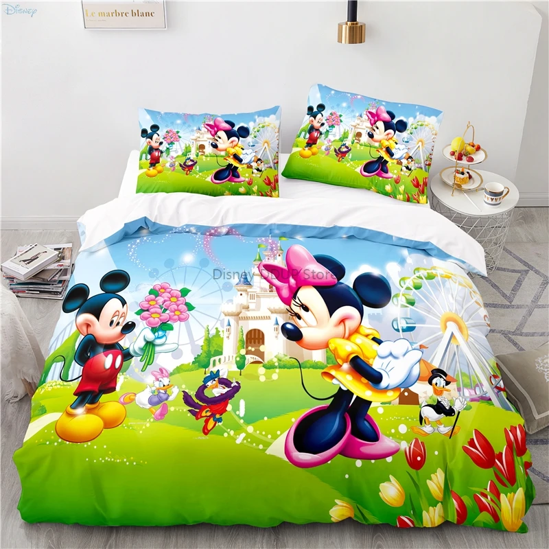 Cute Mickey Mouse Bedding Set Disney Minnie Mouse Duvet Cover Pillowcases Double Twin Full Queen King Child Kids Bedclothes Home 