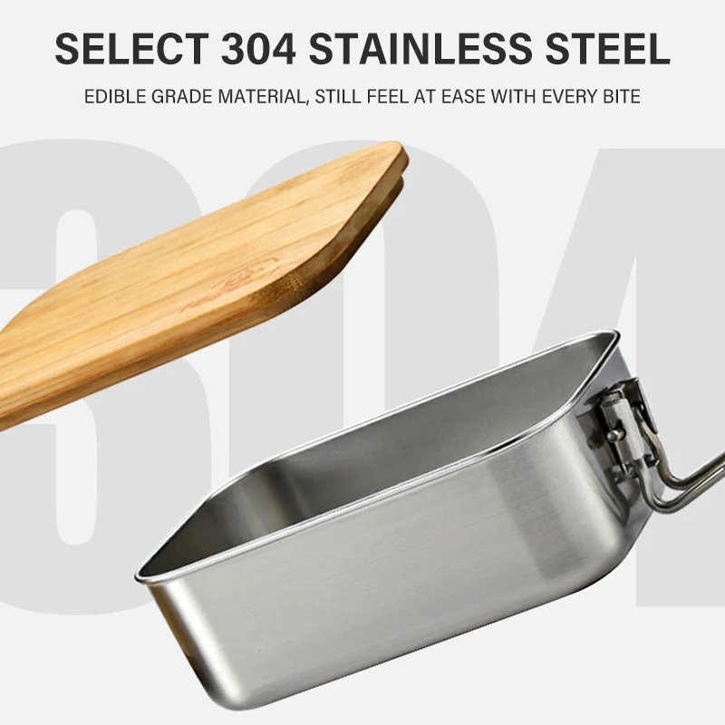 304 Stainless Steel 2 in 1 Outdoor Cooking Lunch Box Portable Bamboo Lid Hiking Camping Bento Box Picnic Food Storage Container 2