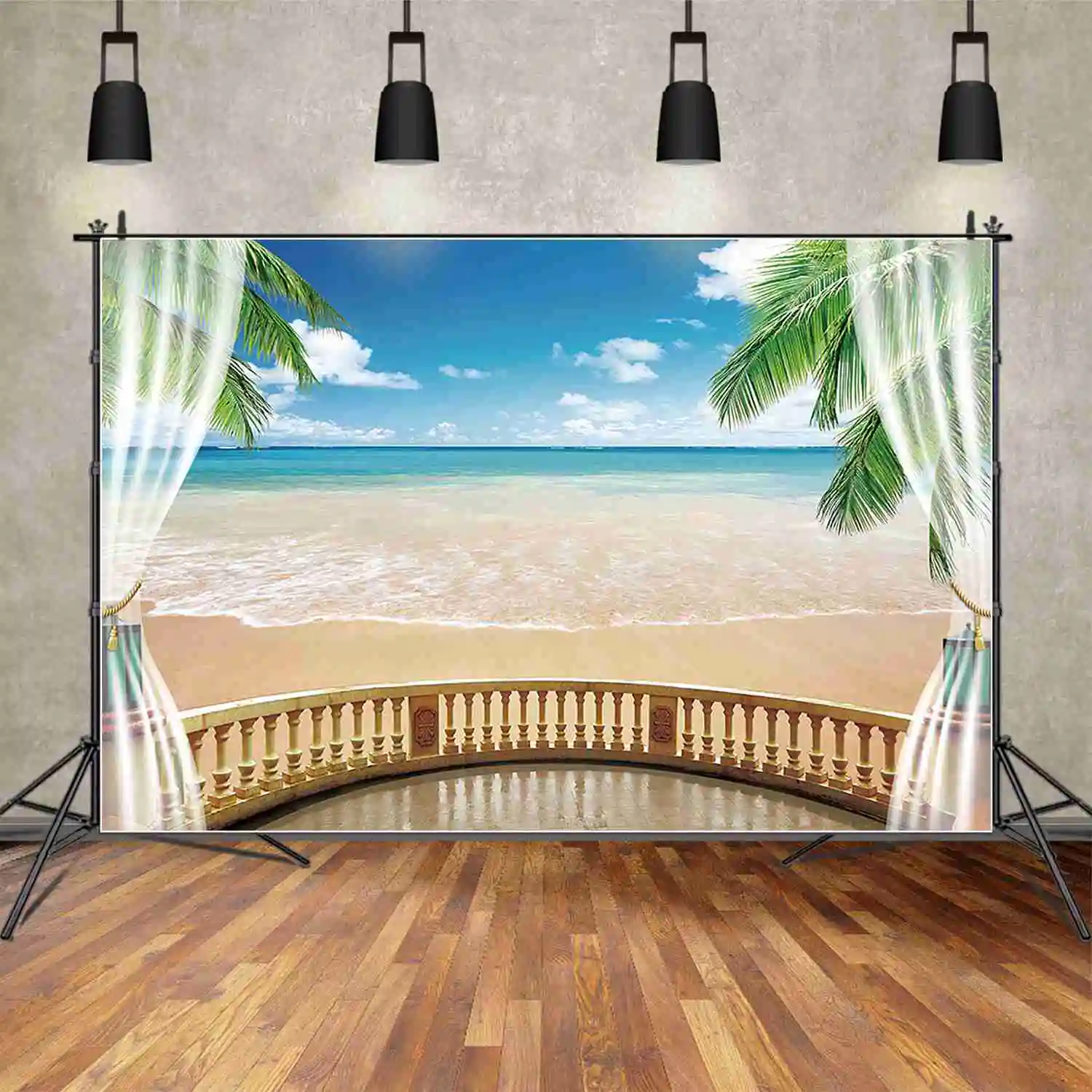 

Задний фон MOON.QG для фотосъемки с изображением летнего пляжа и праздника, пальма, Листьев, синего океана, морского берега