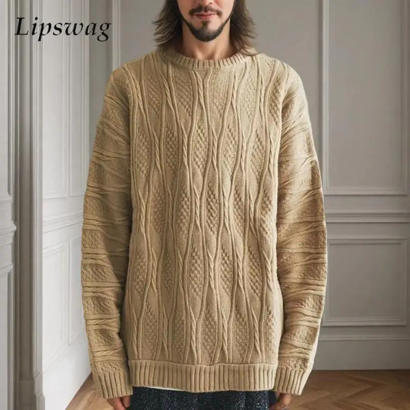 Primavera Autunno Nuovi maglioni casual Moda uomo girocollo manica lunga maglione lavorato a maglia Trendy Twist Textured Crochet Jumper Top 1