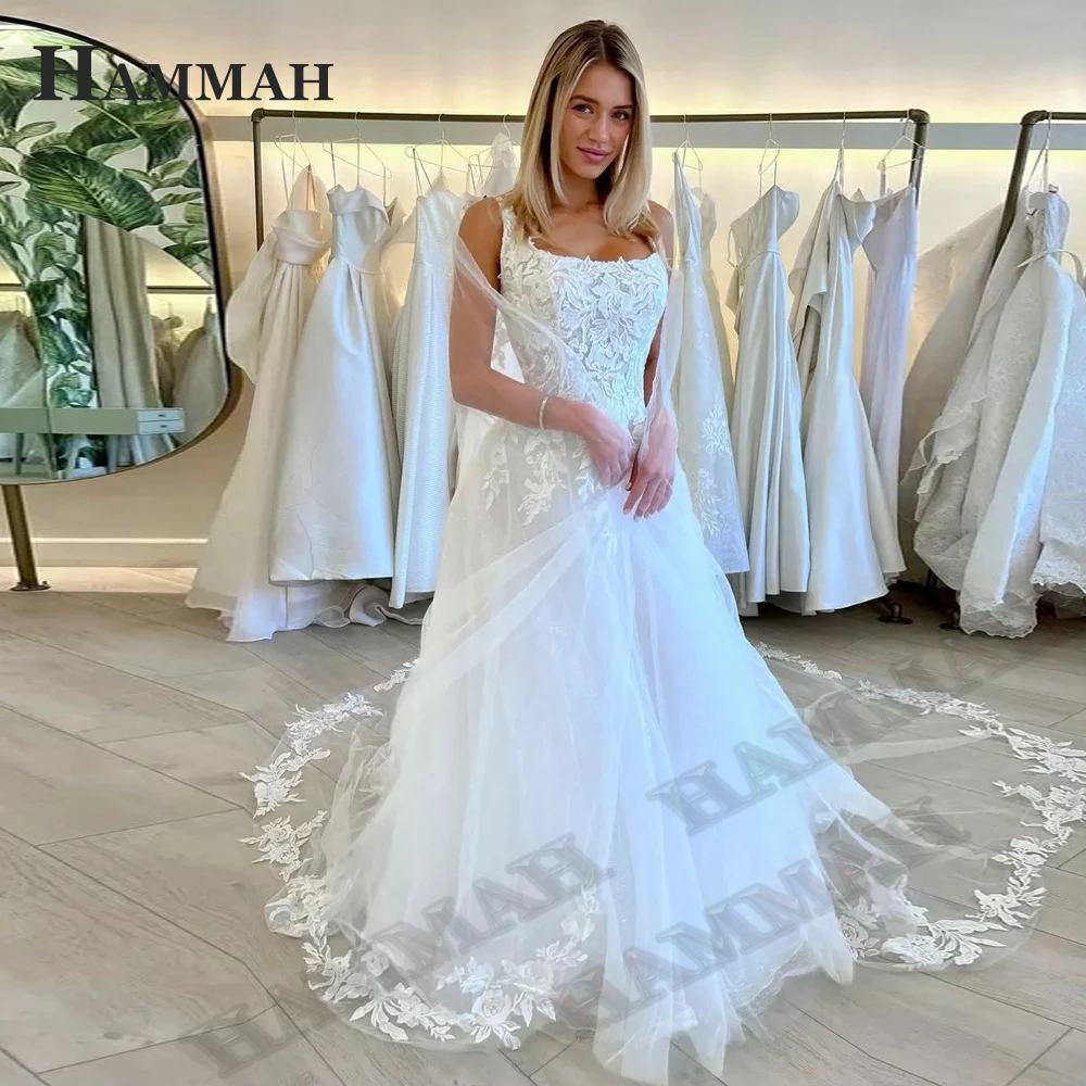 

HAMMAH Square Collar A Line Wedding Dresses Appliques Tulle Vintage Sleeveless Floor Length Vestido De Casamento Personalised