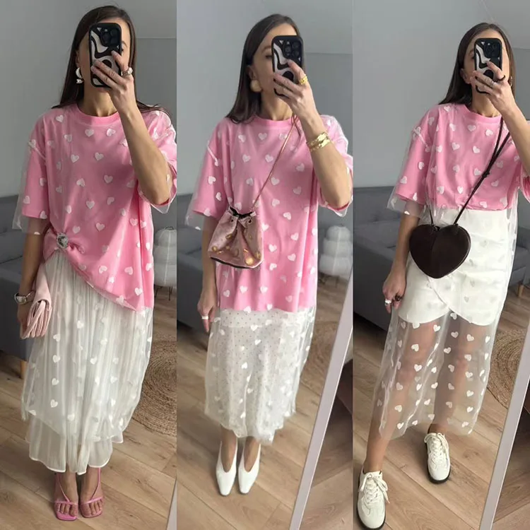 Long Mesh T Shirt Dress For Women Short Sleeve Heart Tulle Fake Two Piece Dresses WOmen's White Loose Maxi Dress With Heart Red