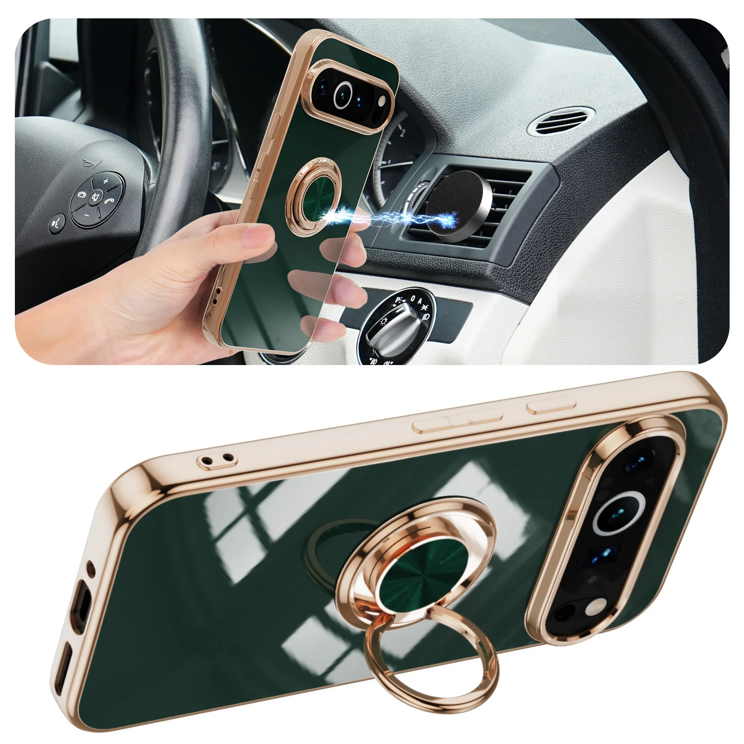 Flexible Shockproof Plating Ring Holder Phone Case with Stand and Back Shell Cover