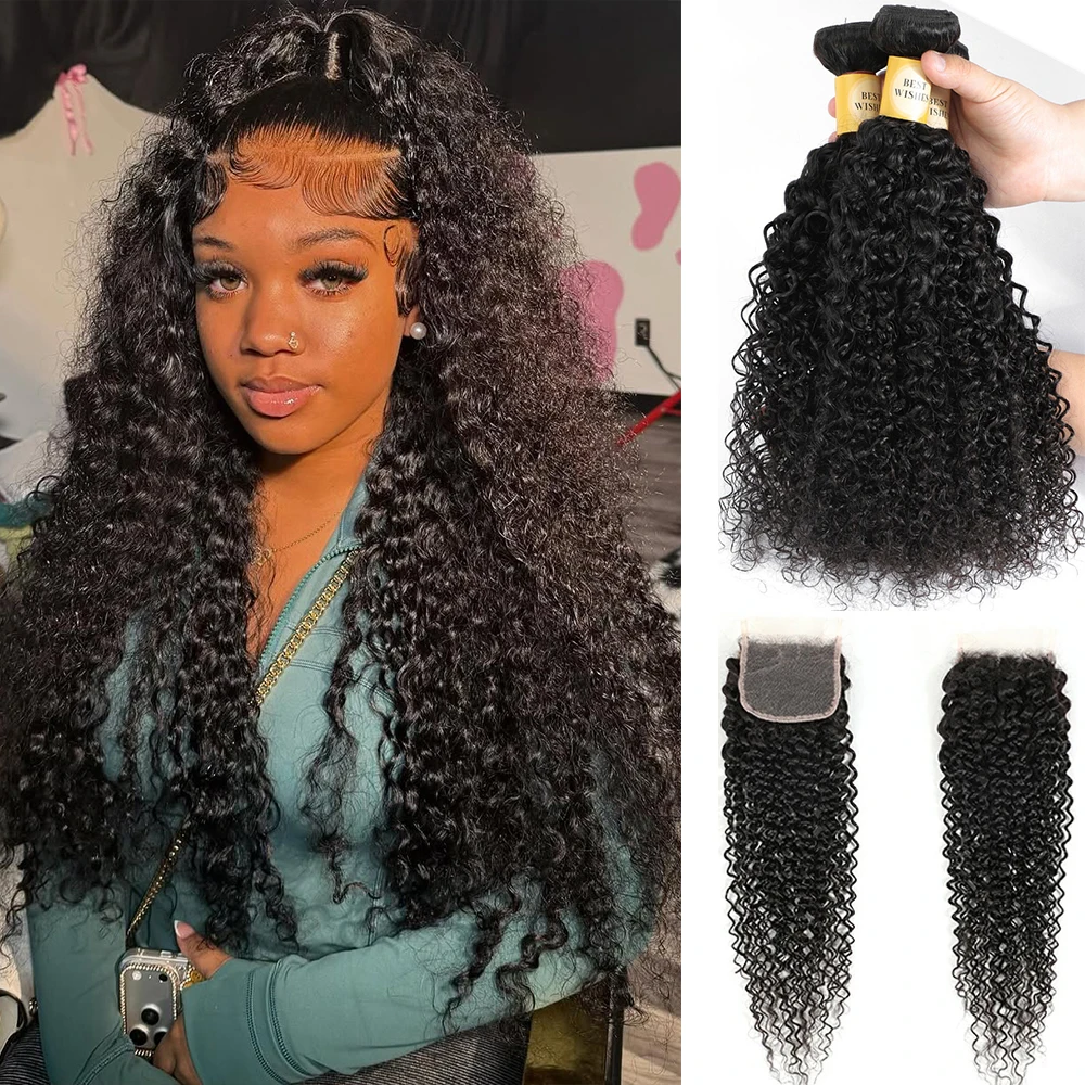 32 Inch Kinky Curly Bundles And Closure Human Hair 4X4 Transparent Lace 1/3/4 Burmese Curly Hair Bundles Deep Curly Hair Bundles