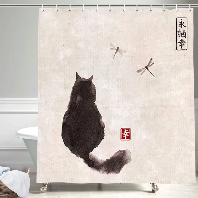 Asian Style Traditional Japanese Ink Painting Shower Curtain,Black Cat  Watching Dragonflies on Vintage Fabric Bathroom Curtains - AliExpress