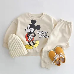 Mickey Printed Sweatshirts Baby Girl Two Piece Set Disney Casual Pure Color Long Sleeve Outfits For Child Spring Autumn Clothing