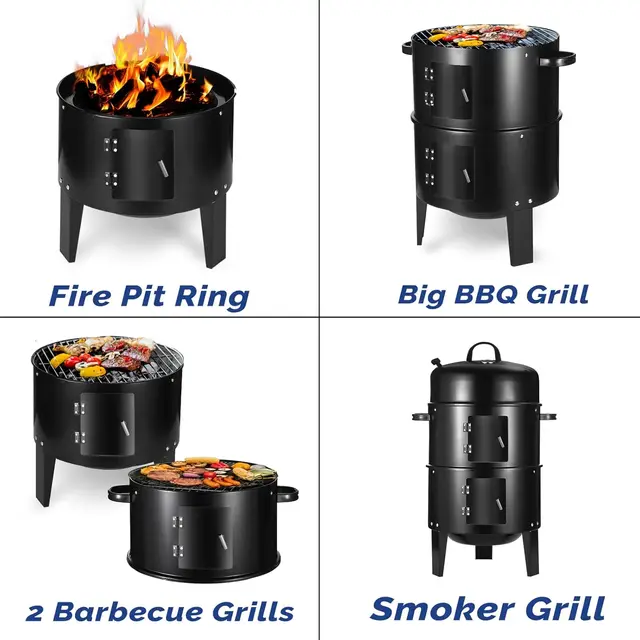 16.5 Inch Charcoal Smoker Grill with Thermometer, 3-in-1 Portable Vertical Smoker, Black 4