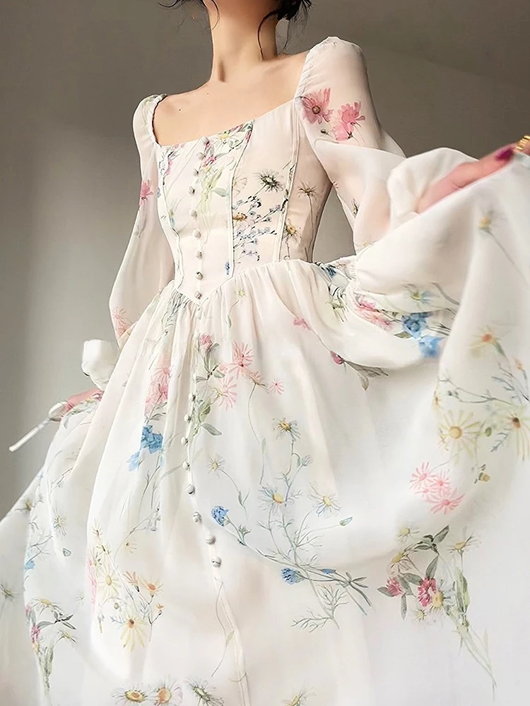 French Elegant Floral Midi Dress Chiffon Long Sleeve Evening Party Dress Woman Beach Fairy One Piece Dress Korean 2023 Summer