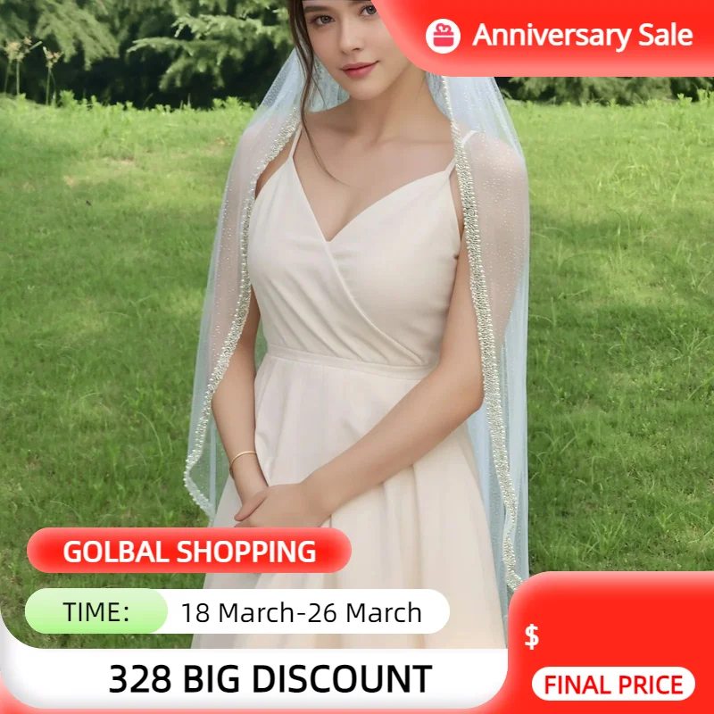 

v143 Sparki Bridal Veil Crystal Edge Wedding Veil 1 Tier Hip Length Rhinestones Bead Wedding Dresses Accessories for Bride