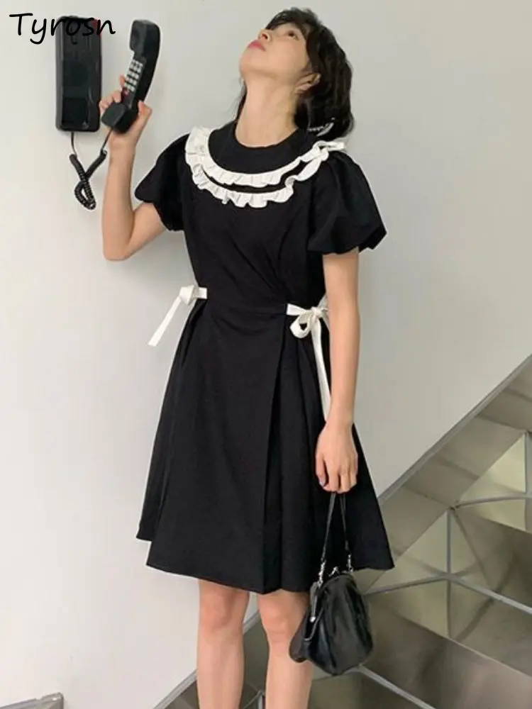 

Dresses Women Summer Sweet Simple Patchwork Design Leisure A-line Daily Fashion Mini Tender Puff Sleeve Korean Style Empire Cozy