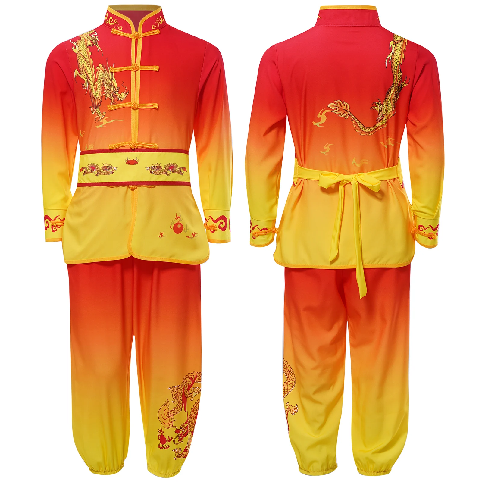 thumbnail image 1 of Traje de kungfú chino para niños y niñas, traje de actuación de artes marciales con estampado de dragón, Tops con botones de nudo de manga larga y cinturón para pantalones, 1 of 5