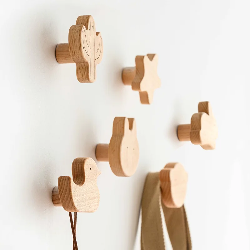 1PCS Solid Wood Hooks Cute Room Decor Animal Hook Wall Hanging Key Coat Hook Home Decoration Hanger Bathroom Kitchen Accessories 5