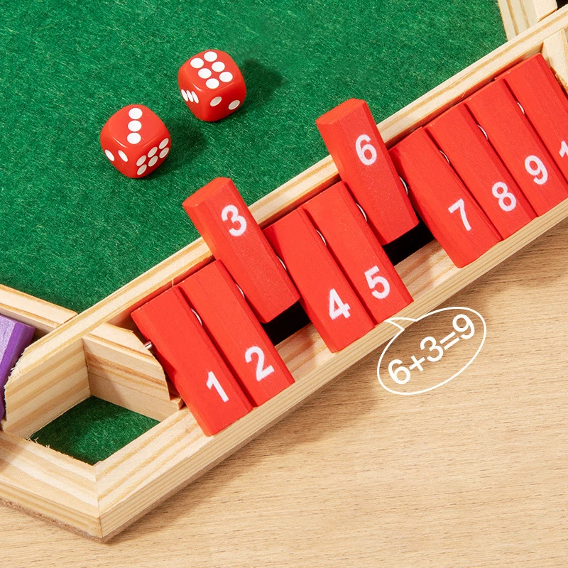 Shut The Box Dice Board Game Wooden Flaps&Dices Game Pub Bar Party Supplies Family Entertainment for Kids & Adults, 1-6 players