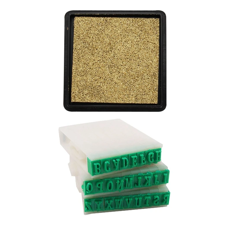 

26 Pcs Detachable 26-Letters English Alphabet Plastic Stamp & 1 Pcs Ink Pad Stamp Pad Gold