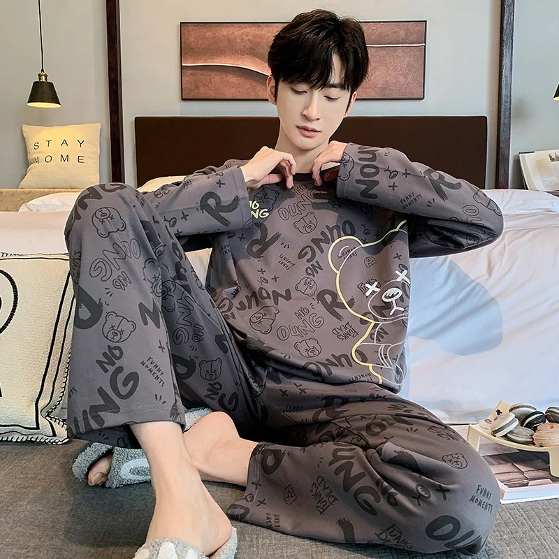 Autumn And Spring Large Size 3XL Pure Cotton Adult Letter Print Men's Pajamas Set Casual Loose Long-sleeved Home Clothes