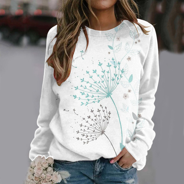 Women Casual Dandelion Printing Sweatshirt Top Long Sleeved Sweatshirt Casual Pullover Top Hoodie Thumb Holes Hoodie Teens Girls