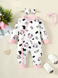 2PCS Newborn Baby Girl Fashion Jumpsuit Cute Cow Long Sleeve Bodysuit+Headband Spring&Autumn Romper for Toddler Girl 0-18 Months