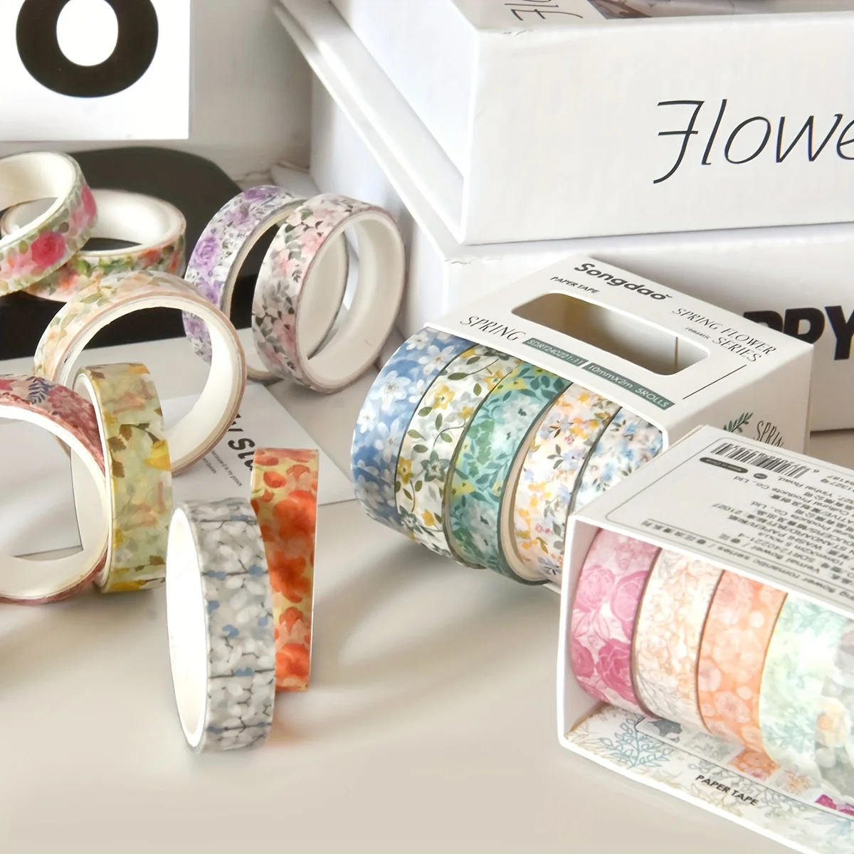 5 rolls of boxed romantic flower handbook tape, cute DIY fresh decorative washi tape for students, a must-have gift for students 4