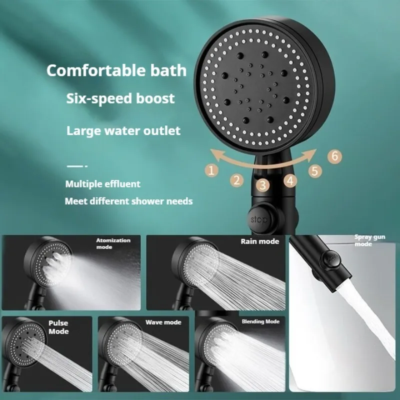 High Pressure Shower Head 6 Modes Adjustable Showerheads with Hose Water Saving One-Key Stop Spray Nozzle Bathroom Accessories