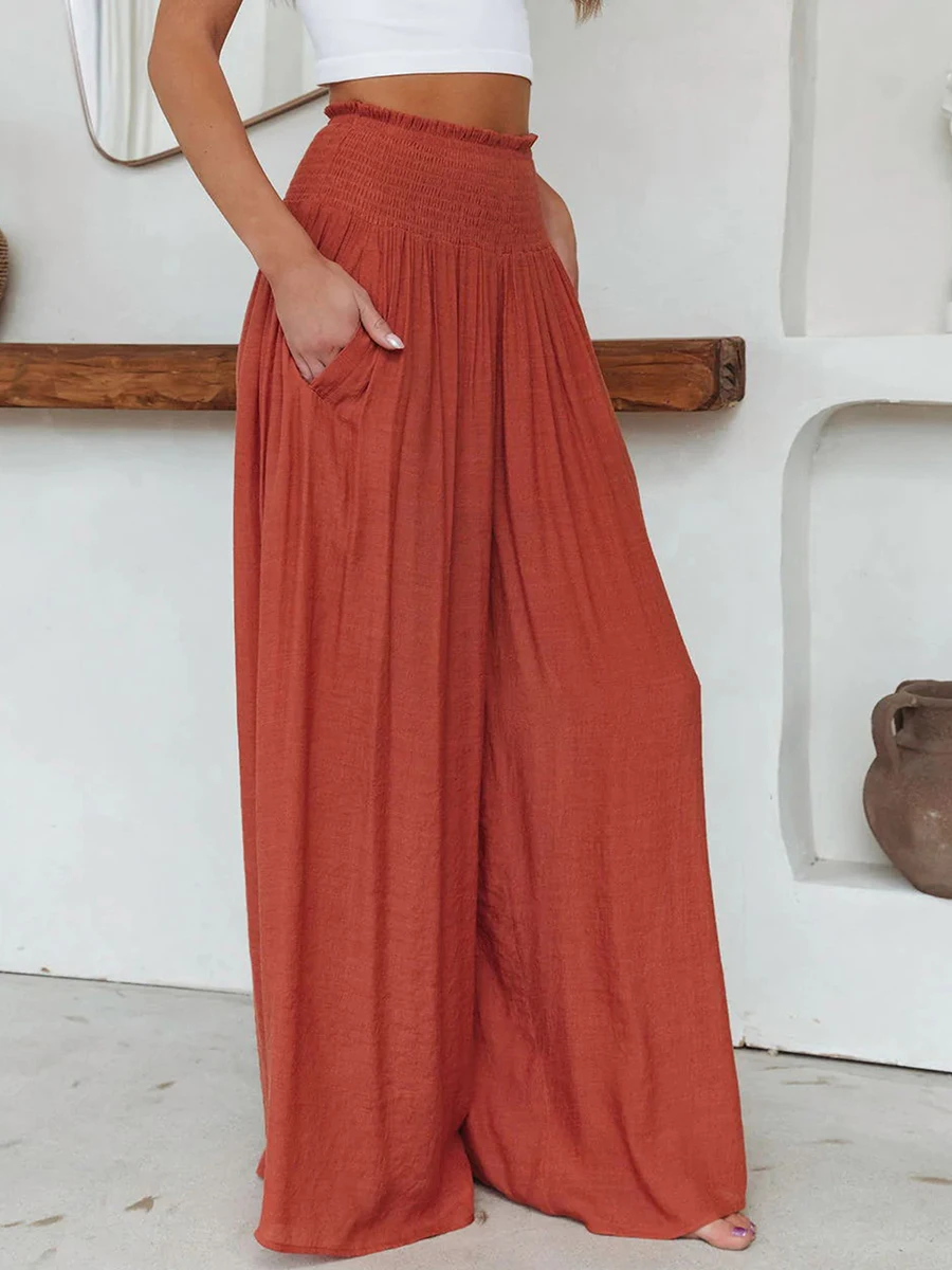 

Women's Summer Palazzo Pants, High Waist Solid Color Relaxed Fit Beach Lounge Pants for Yoga Activewear and Gym