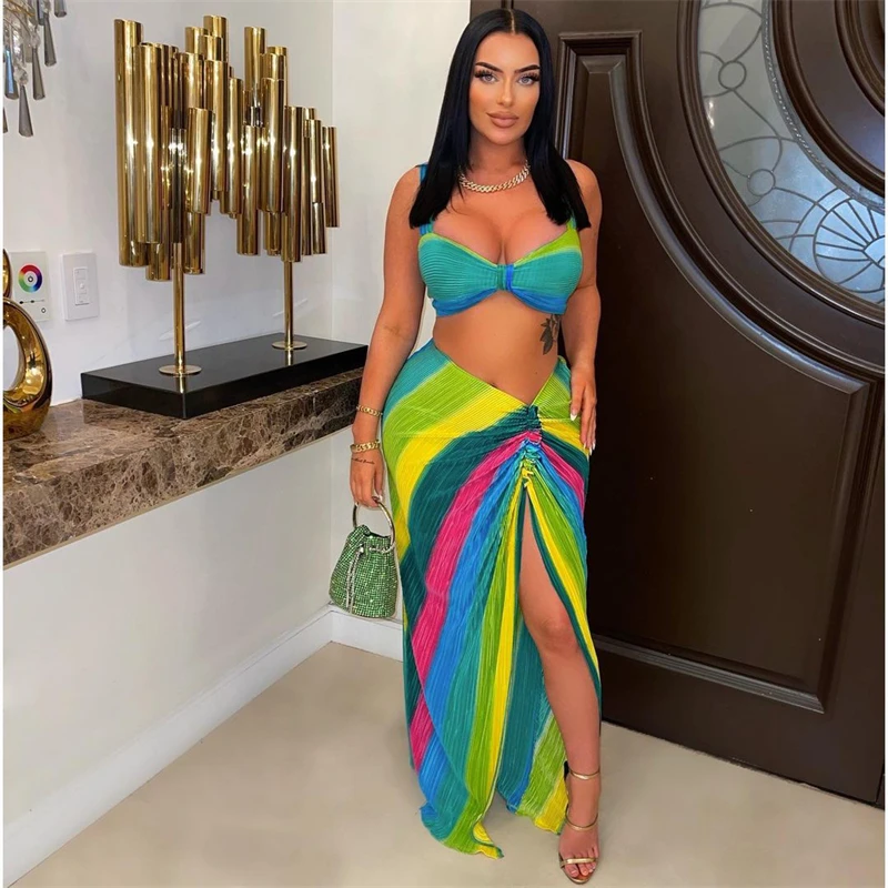

Sexy Printed Pleated Two Piece Set Dress Women Party Dresses Suits Bra Top Ruched High Split Long Skirts Summer Women Clothes