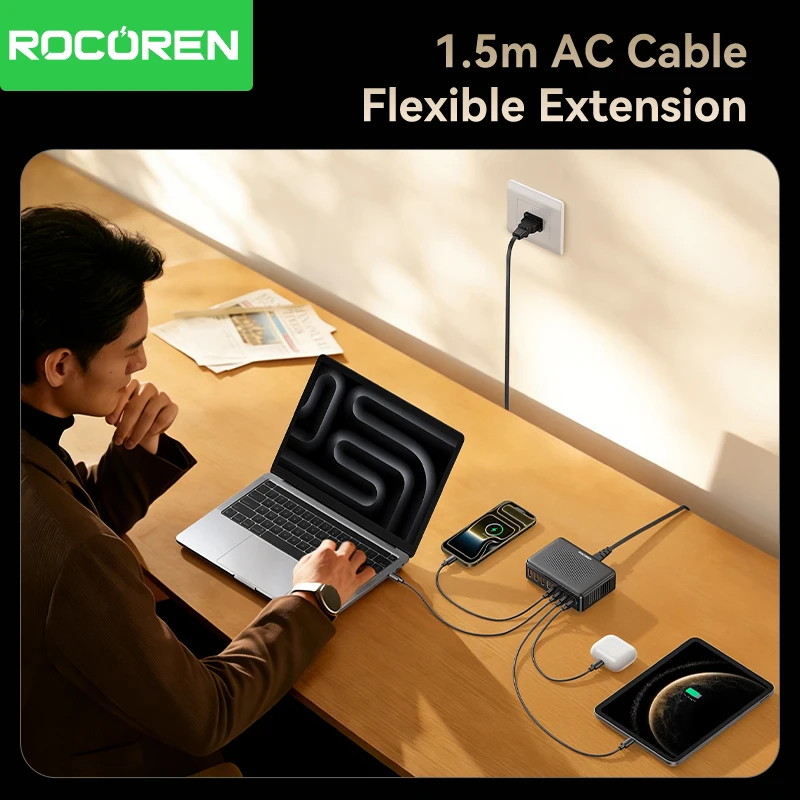 מטען Rocoren 200W GaN 8 ב-1 לטעינה מהירה למחשב שולחני עבור אייפון 17 פרו, שיאומי, סמסונג, מטען USB Type C, תחנת כוח ניידת