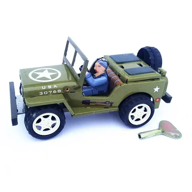 

[Funny] Adult Collection Retro Wind up toy Metal Tin The Jeep model Mechanical toy Clockwork toy figures model kids gift