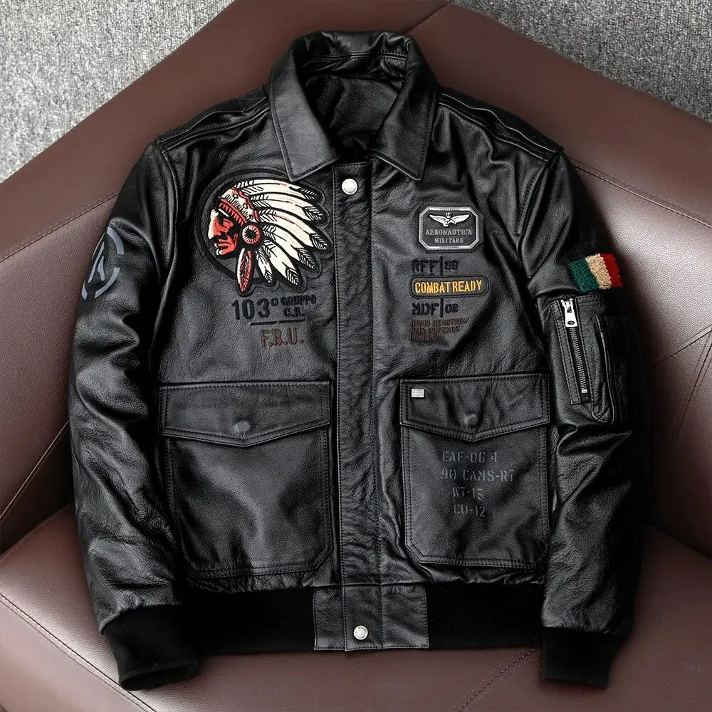 

New Indian Embroidery Flying Suit Natural Genuine Leather Coat Men's Cowhide Motorcycle Jackets Slim Fashion Clothing