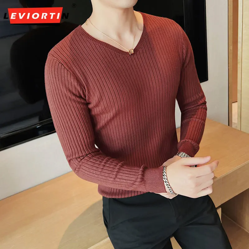 

Fall Winter Men Warm Knit Sweater Fashion Male Slim Vertical Stripe V-neck High Quality Sweater Casual Elastic Force Pullover