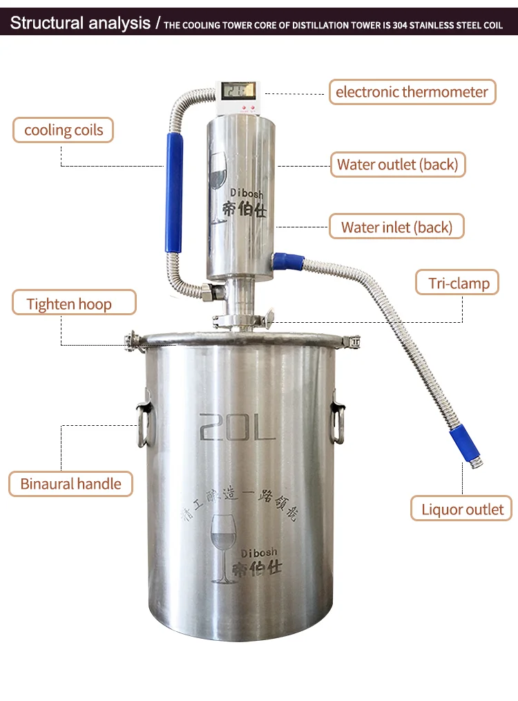 20L Moonshine Distillation Equipment Vodka Making Machine Distiller Alcohol Brewing Grape Wine Make at Home Distillatory Liquor
